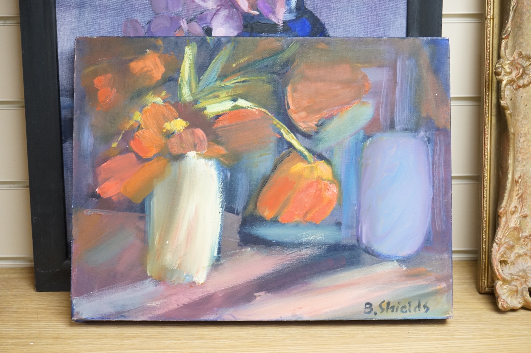 B. Shields, Orchid in Moroccan pot, signed, oil on board, together with another Still life on canvas by the same artist, largest 49 x 42cm, unframed